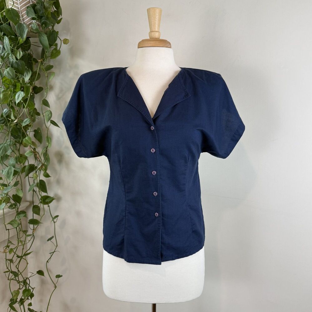 Vintage 80s Navy Linen Cotton Blouse Dolman Sleeve Button Front Top